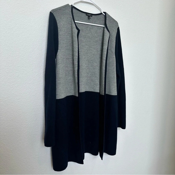 Talbots Color Block Wool Blend Longline Cardigan Navy and Gray Large Petite - Picture 2 of 8